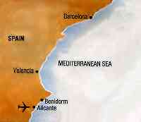 Map of Spain: Costa Blanca in relation to Alicante Benidorm Valencia and Barcelona